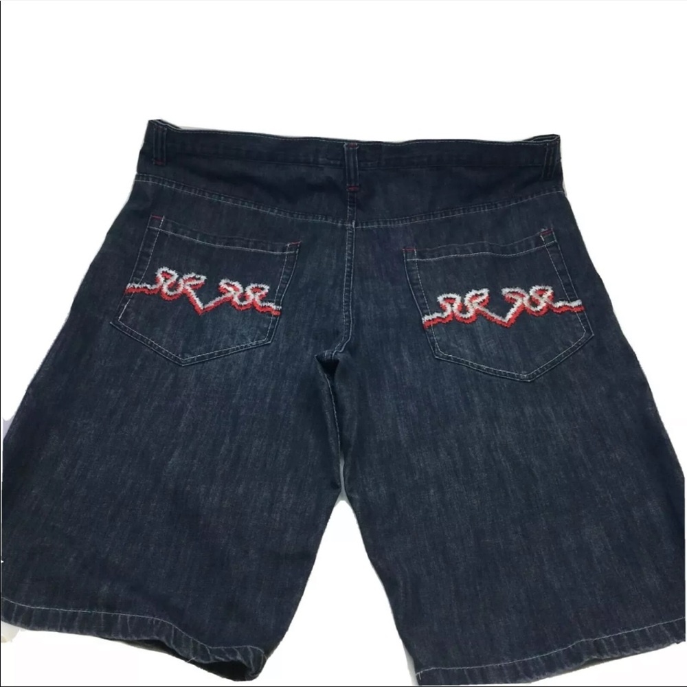 Refuse Denim Shorts Blue Red White Embroidered Back Pockets Men's Sz 42